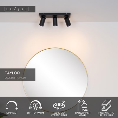 Lucide TAYLOR - Deckenstrahler Badezimmer - LED Dim to warm - GU10 - 3x5W 2200K/3000K - IP44 - Schwarz